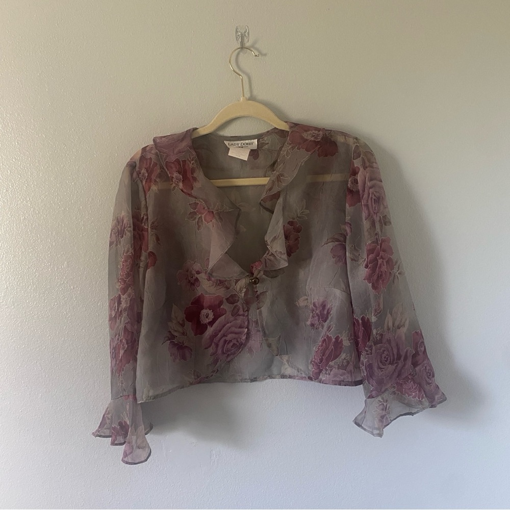Lady Dorby vintage women’s sheer ruffle blouse size L floral fairycore whimsical